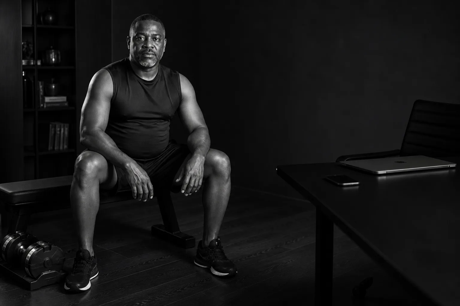 Homme assis et calme après une séance de musculation à domicile